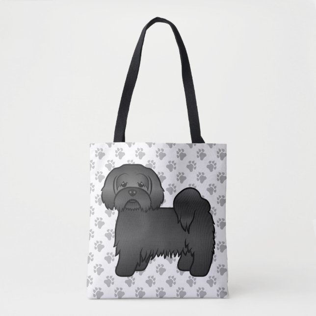 Black Lhasa Apso Niedlich Cartoon Dog & Paws Tasche (Vorderseite)
