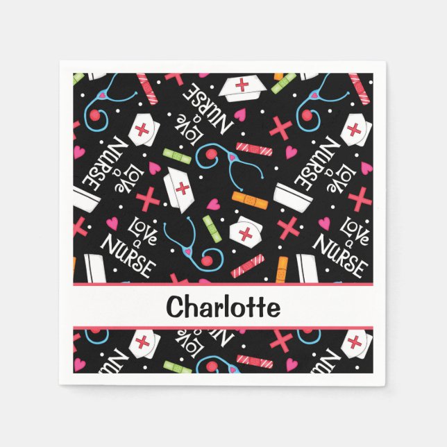 Black Liebe a Nurse Whimsy Art Personalisiertes Pa Serviette (Vorderseite)