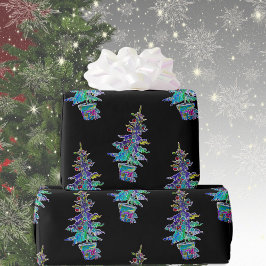 Black Light Neon Weihnachtsbaum Muster Geschenkpapier