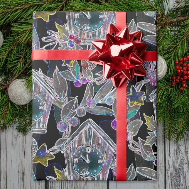 Black Light Neon Weihnachtsuhr Muster Geschenkpapier (Von Creator hochgeladen)