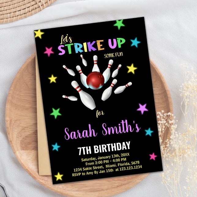 Black Light Purple Bowling Invitations Anniversair (Black Light Purple Bowling Birthday Invitations)