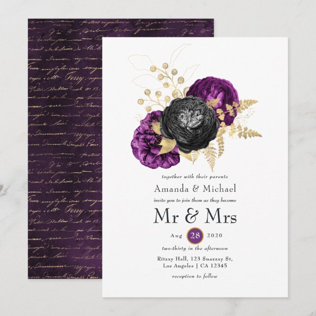Black Lila and Gold Floral Gothic Wedding Einladung (Vorne/Hinten)