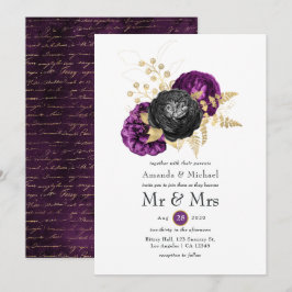 Black Lila and Gold Floral Gothic Wedding Einladung