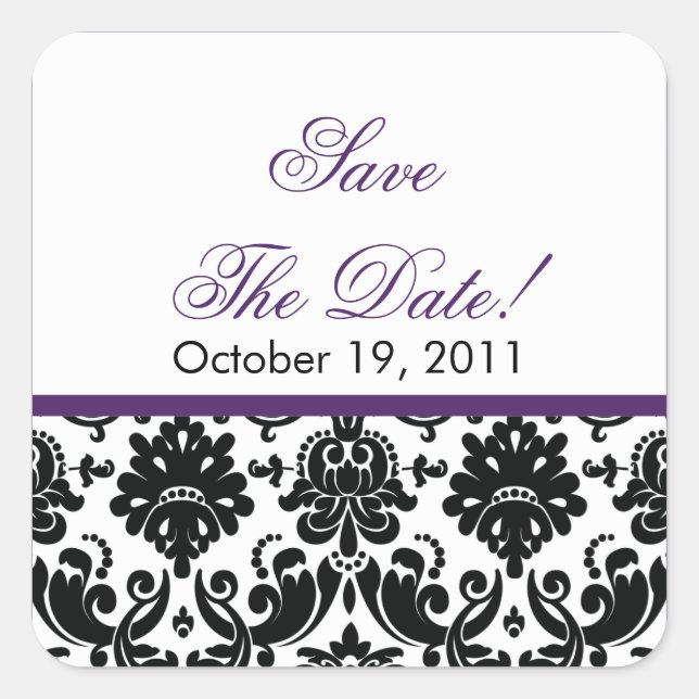 Black & Lila Damask Save the Date Hochzeitsstift S Quadratischer Aufkleber (Vorderseite)