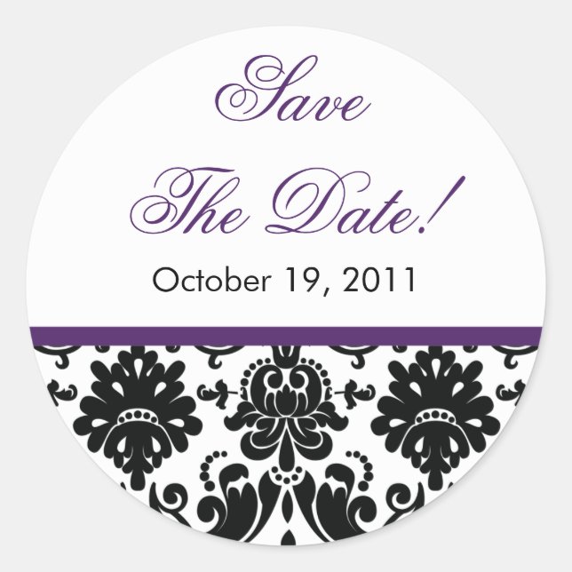 Black & Lila Damask Save the Date Hochzeitsstift S Runder Aufkleber (Vorderseite)