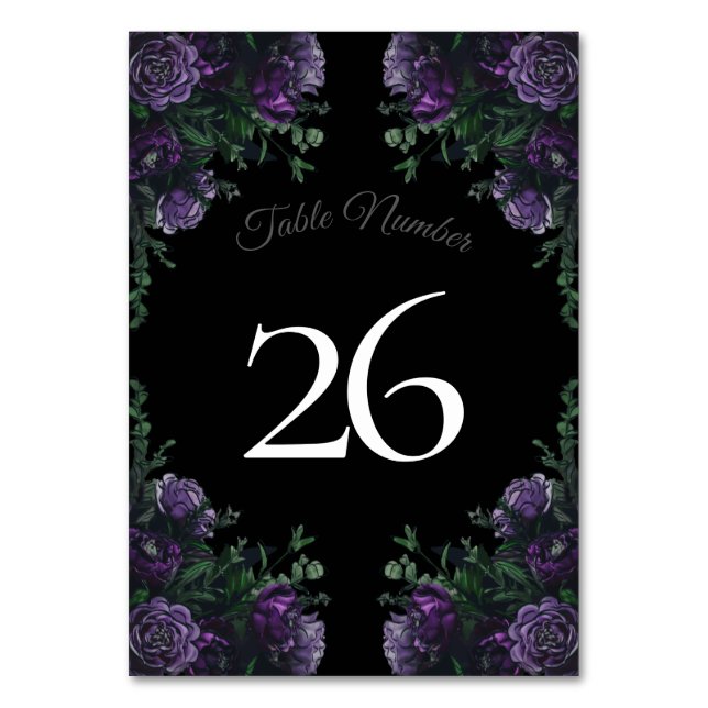 Black Lila Floral Elegante Wedding Gothic Tischnummer (Rückseite)