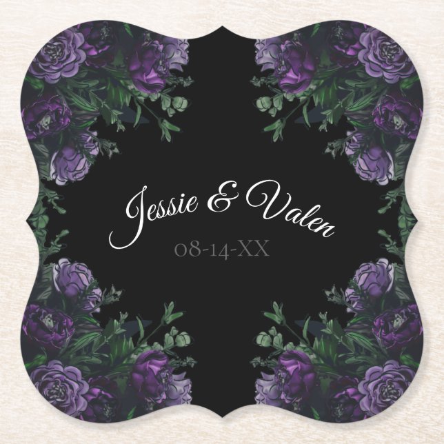 Black Lila Floral Elegante Wedding Gothic Untersetzer (Vorderseite)