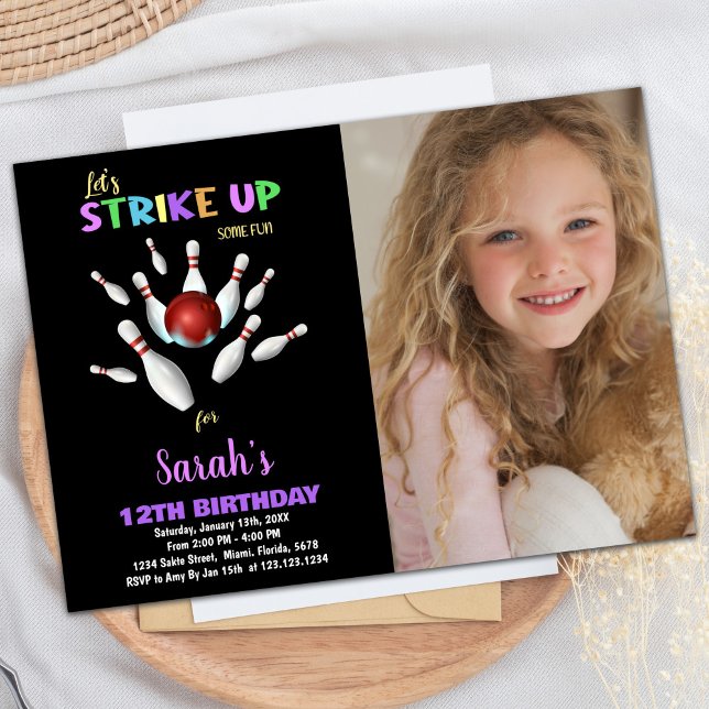 Black Lila Foto Bowling Geburtstagseinladungen Einladung (Black Purple Photo Bowling Birthday Invitations)