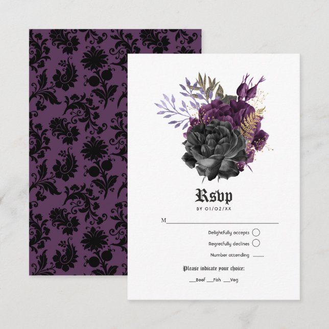 Black Lila Gold Floral Gothic Wedding RSVP Karte (Vorne/Hinten)