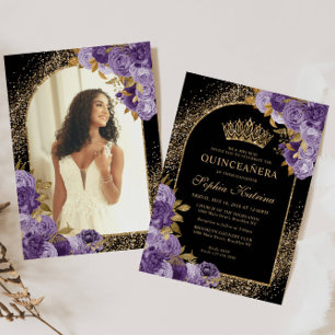 Black Lila Gold Glitzer Floral Foto Quinceanera Einladung