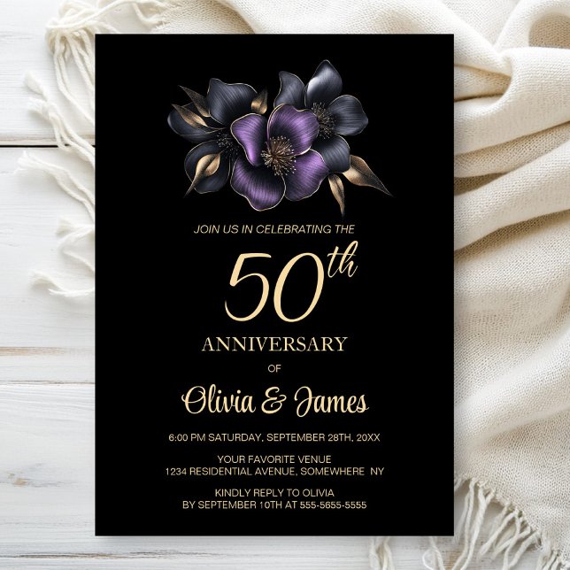 Black Lila Gray Floral 50 Jahre alt Einladung (Von Creator hochgeladen)
