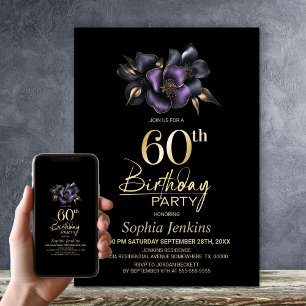Black Lila Gray Floral 60. Geburtstagsparty Einladung