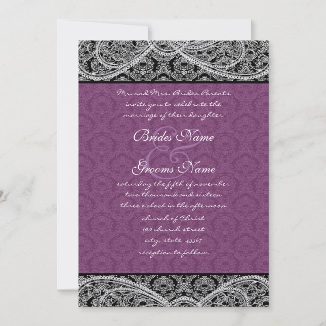 Black Lila Paisley Damask Einladung zur Hochzeit (Vorderseite)