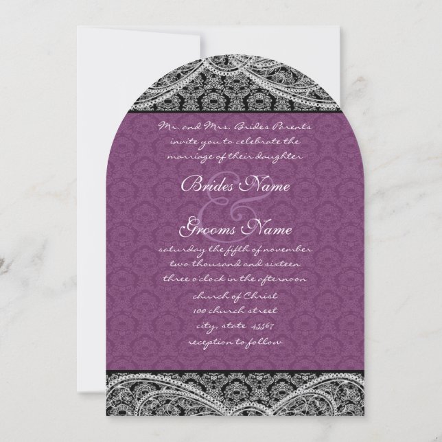 Black Lila Paisley Damask Einladung zur Hochzeit (Rückseite)