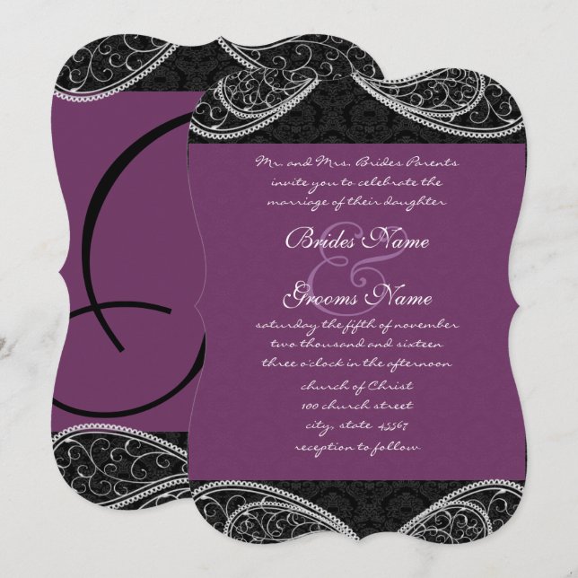 Black Lila Paisley Damask Wedite Einladung (Vorne/Hinten)