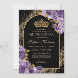Black Lila Plum Gold Glitzer Floral Quinceanera Einladung