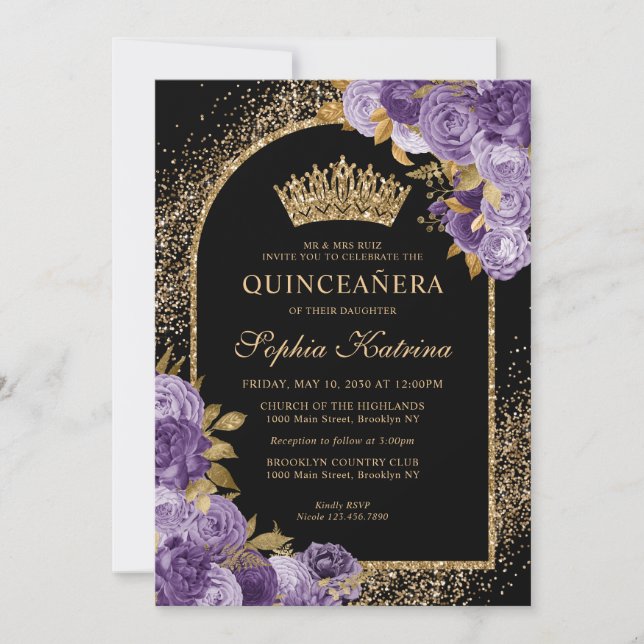 Black Lila Plum Gold Glitzer Floral Quinceanera Einladung (Vorderseite)