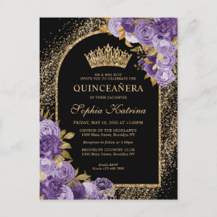 Black Lila Plum Gold Glitzer Floral Quinceanera Einladungspostkarte