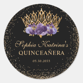 Black Lila Plum Gold Glitzer Floral Quinceanera Runder Aufkleber