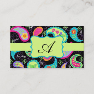Black Lime Green Modern Paisley Pattern Monogram Visitenkarte
