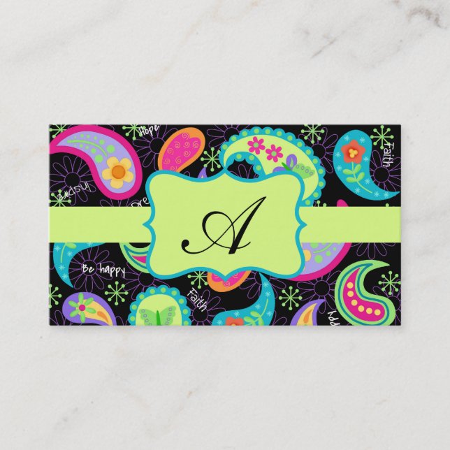 Black Lime Green Modern Paisley Pattern Monogram Visitenkarte (Vorderseite)