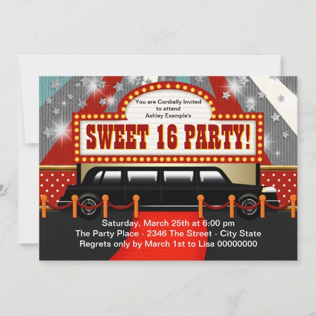 Black Limo Movie Star Sweet 16 Party Einladung (Vorderseite)