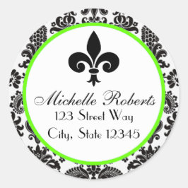 Black & Limon Damask Fleur De Lys-Adressetikett Runder Aufkleber