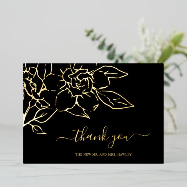 Black Line Art Floral Mariage Carte de remerciemen (Debout devant)