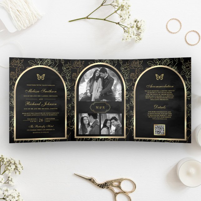 Black Line Art Gold Arch Butterfly Hochzeit Dreifach Gefaltete Einladung (Von Creator hochgeladen)