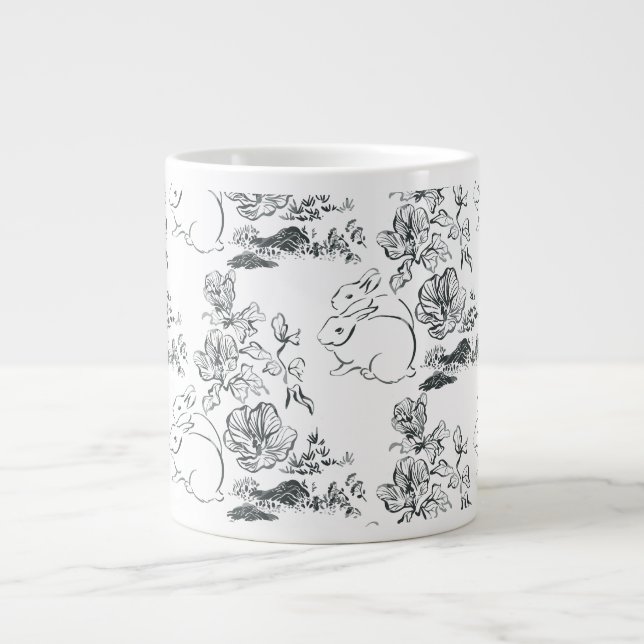 Black Line Art Niedliches Kaninchen und Blume Jumbo-Tasse (Vorderseite)