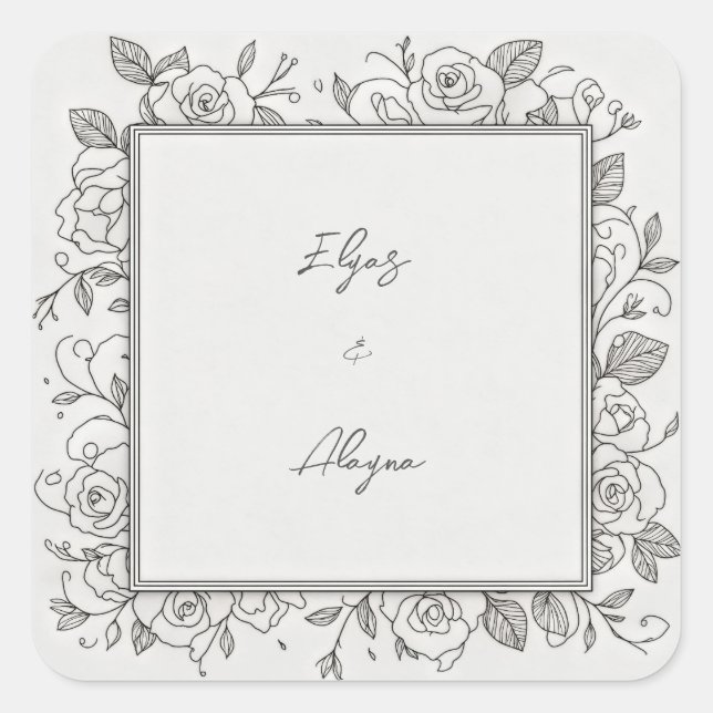 Black Line Minimalist Rose Frame Wedding Quadratischer Aufkleber (Vorderseite)