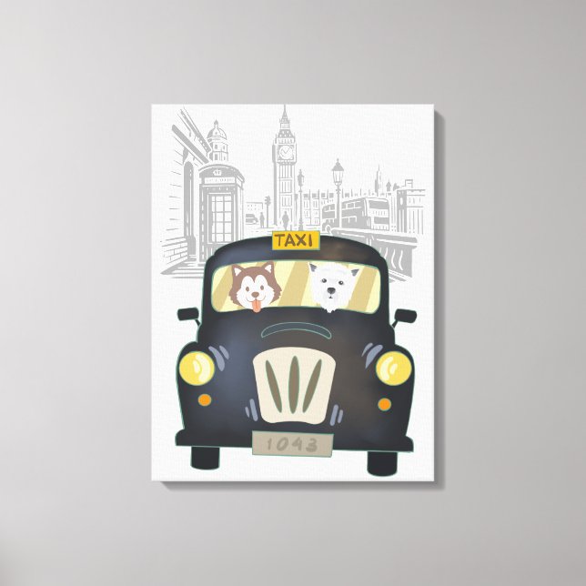 Black London Taxi Cab mit Hunden Leinwanddruck (Vorderseite)
