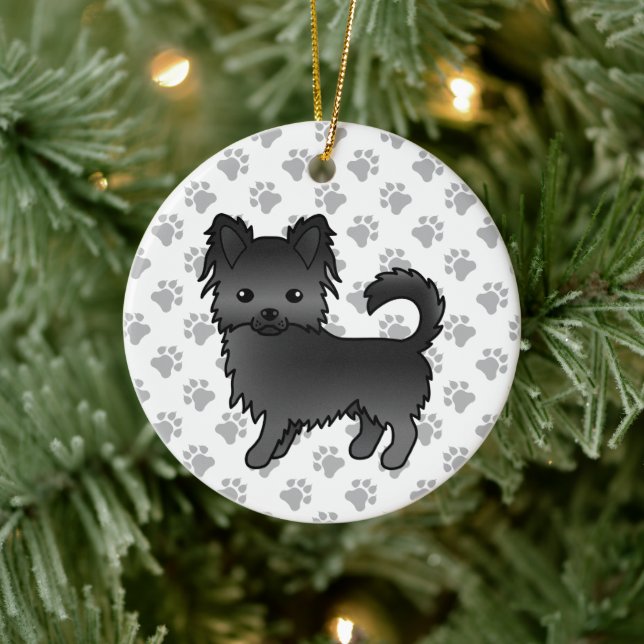 Black Long Coat Chihuahua Cartoon Dog & Paws Keramik Ornament (Baum)