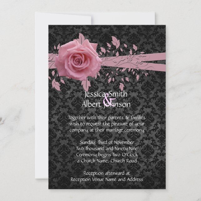 Black Luxury Damask Pink Rose Wedite Einladung (Vorderseite)