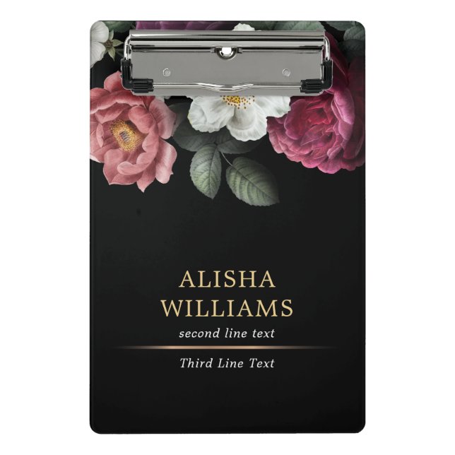 Black Luxury Personalisiert Floral Mini Klemmbrett (Vorderseite)