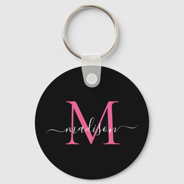 Black Magenta Pink Monogram Name Elegantes Skript Schlüsselanhänger (Vorderseite)