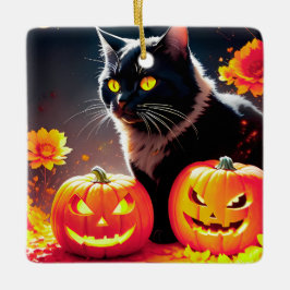 Black Magic Cat mit Pumpkins Keramikornament