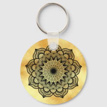 Black Mandala on Soft Gold Background Keychain