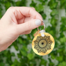 Black Mandala on Soft Gold Background Keychain