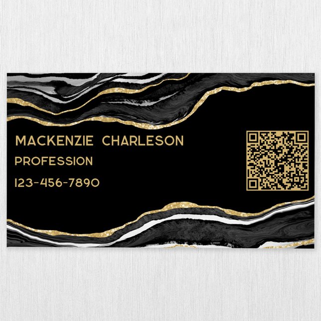 Black Marble Agate Geode Gold Glitzer QR Code Magnetische Visitenkarte (Black agate marble geode gold glitter effect QR code magnetic business card)