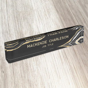 Black Marble Agate Gold Glitzer Beruflich Namensplakette