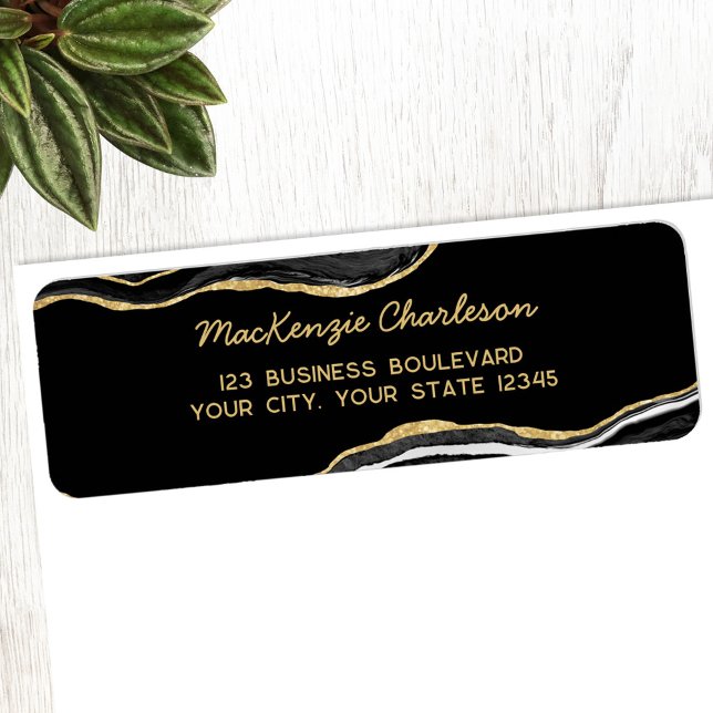 Black Marble Agate Gold Glitzer Rücksendeadresse (Black gold marble agate geode professional return address label)