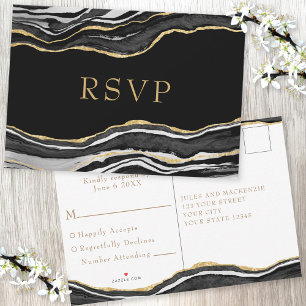 Black Marble Agate Gold Glitzer Wedding RSVP