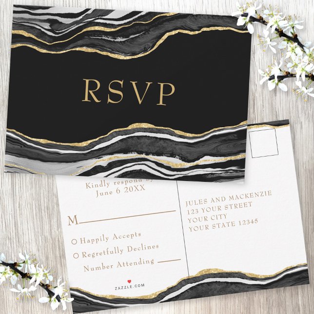 Black Marble Agate Gold Glitzer Wedding RSVP Karte (Von Creator hochgeladen)