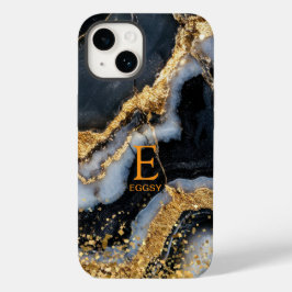 Black marble chic gold glitter monogram Case-Mate iPhone 14 hülle
