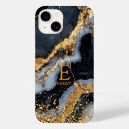 Black marble chic gold glitter monogram Case-Mate iPhone 14 hülle
