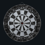 Black Marble Faux Silver Foil Family Name Classic  Dartscheibe<br><div class="desc">A classic dartboard design with alternating  black marble and faux silver foil triangles. There is a family name in the upper part and a message in the lower part,  both as arched texts in silvery gray caps.</div>