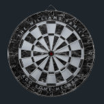 Black Marble Faux Silver Foil Family Name Classic  Dartscheibe<br><div class="desc">A classic dartboard design with alternating  black marble and faux silver foil triangles. There is a family name in the upper part and a message in the lower part,  both as arched texts in silvery gray caps.</div>