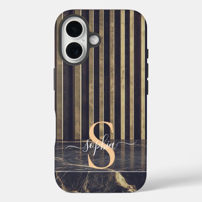 black marble gold glitter monogram iPhone 16 hülle (Rückseite)