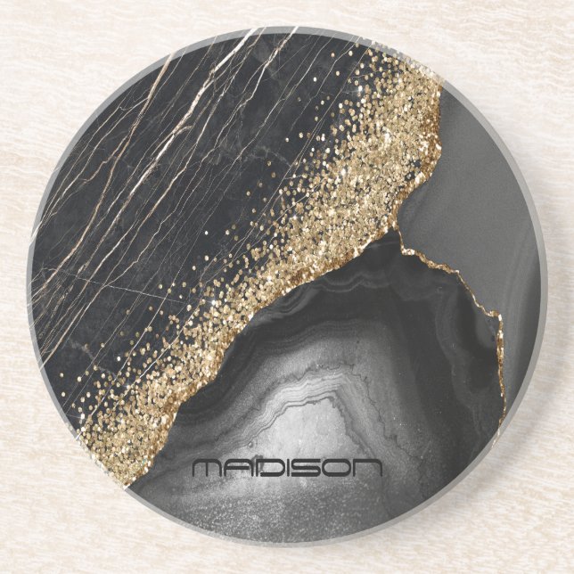 Black Marble Gold Glitzer Getränkeuntersetzer (Vorne)